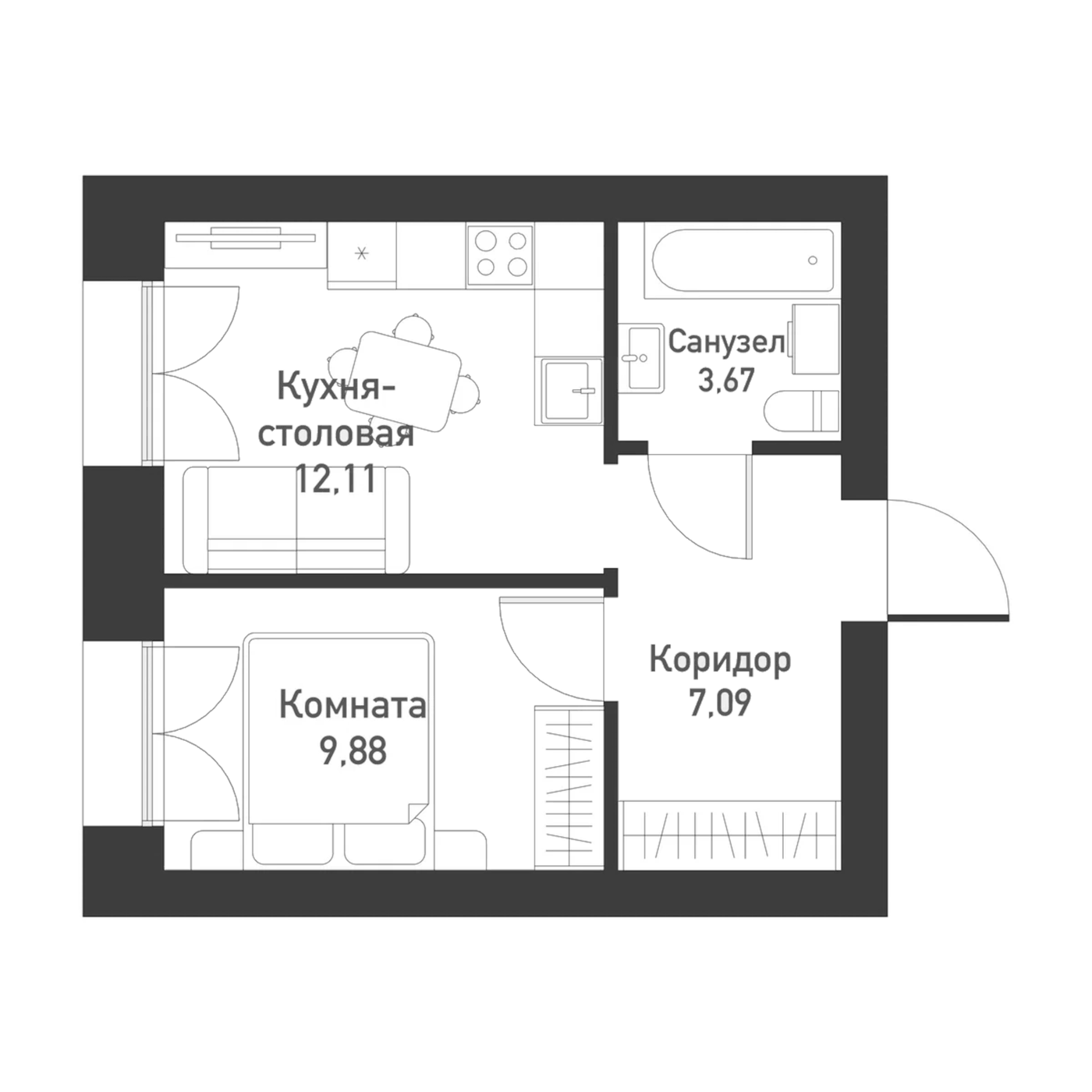 Планировка 1-к.кв, 32,2 м² в ЖК Твоя привилегия